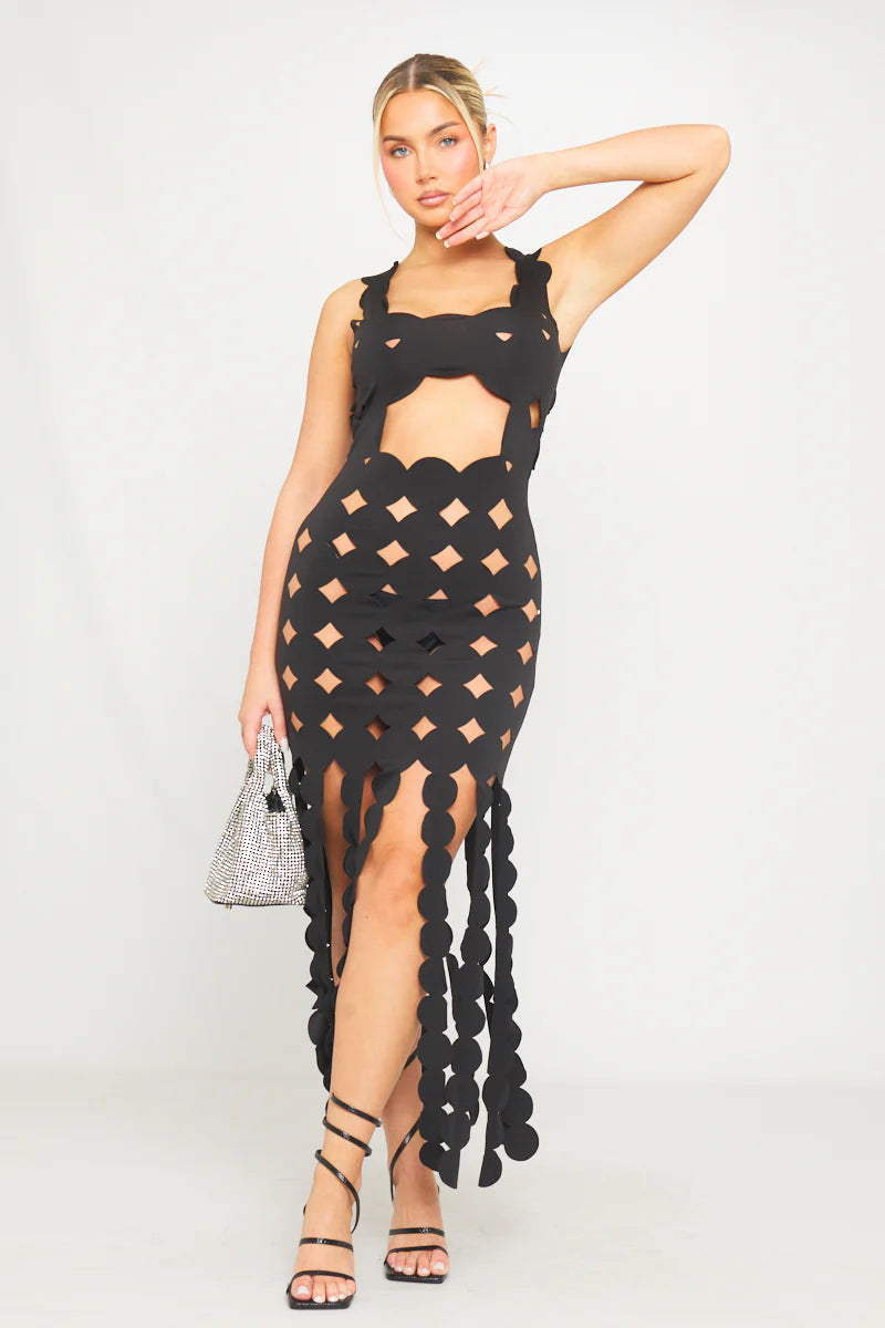 Zwarte sexy cut-out maxi jurk – Shadow Temptation – kinky fetish party outfit | Dare to Undress
