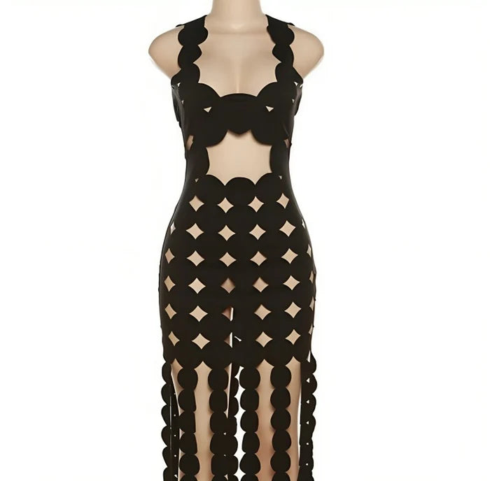Zwarte sexy cut-out maxi jurk – Shadow Temptation – kinky fetish party outfit | Dare to Undress