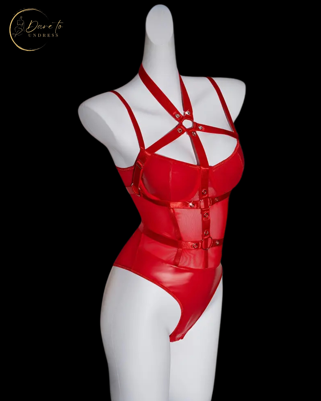 Kinky PU wetlook rode bondage body met verstelbare bandjes – Red Desire – kinky & sexy | Dare to Undress