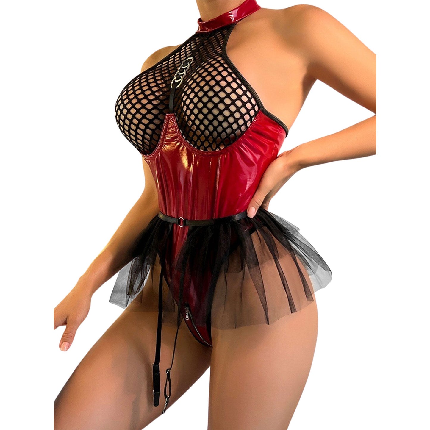 Rode Kinky bustier body met tule en lak – Crimson Doll – sexy & gewaagd | Dare to Undress