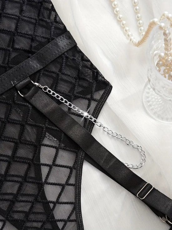 Midnight Allure – Luxuriöser, hochwertiger BDSM-Body mit Mesh- und Kettendetails | Sexy &amp; Erotisch