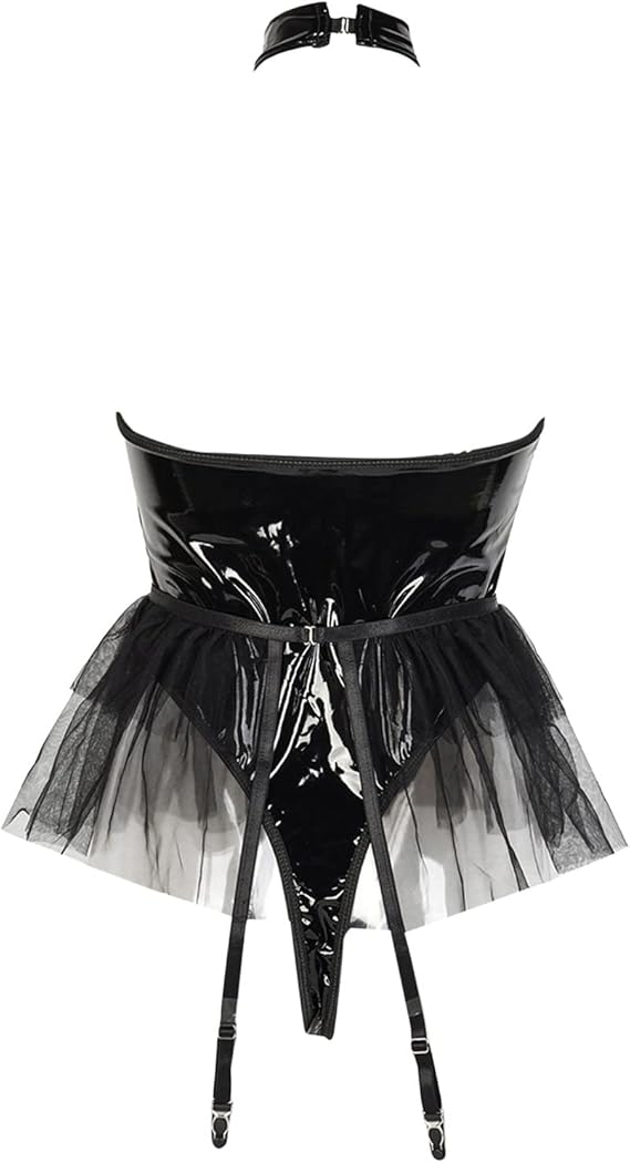 Zwarte kinky bustier body met tule en lak – Dark Doll – sexy & fetish | Dare to Undress