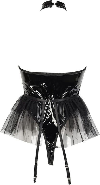 Zwarte kinky bustier body met tule en lak – Dark Doll – sexy & fetish | Dare to Undress