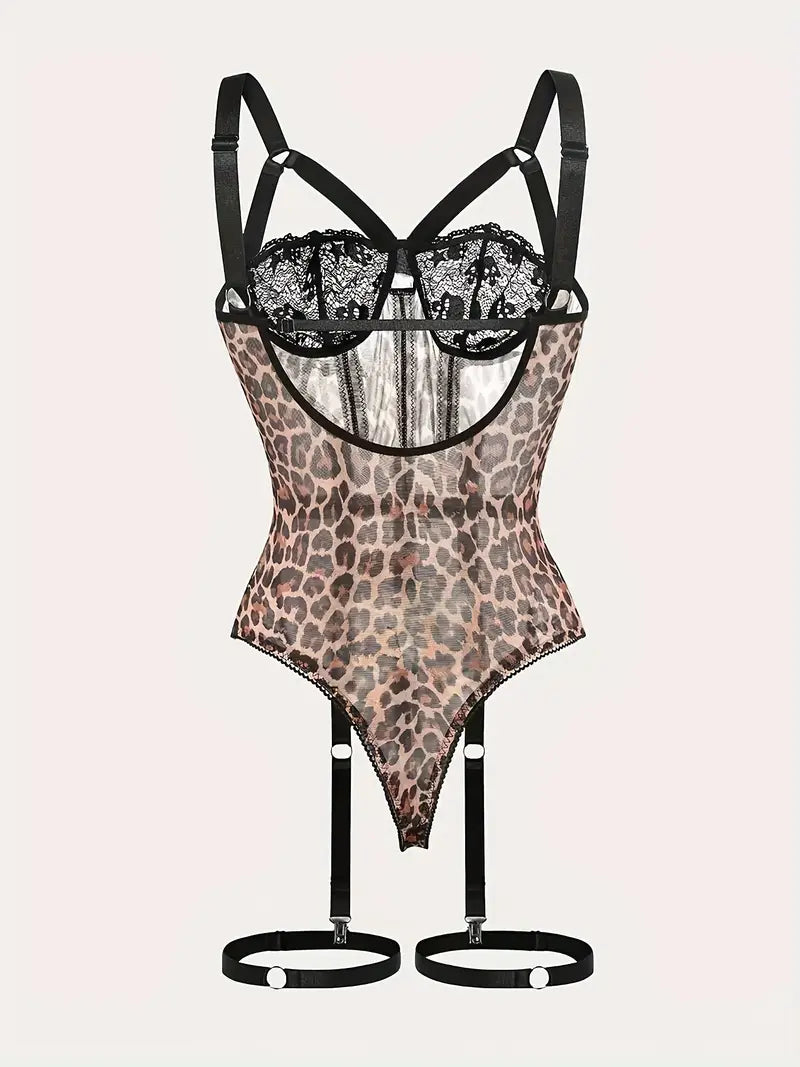 Wild Leopard – Luxuriöser, hochwertiger Body im Leopardenmuster mit Spitzendetails und Harness – | Sexy &amp; Erotisch