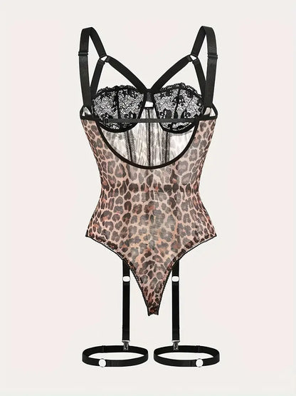 Wild Leopard – Luxuriöser, hochwertiger Body im Leopardenmuster mit Spitzendetails und Harness – | Sexy &amp; Erotisch
