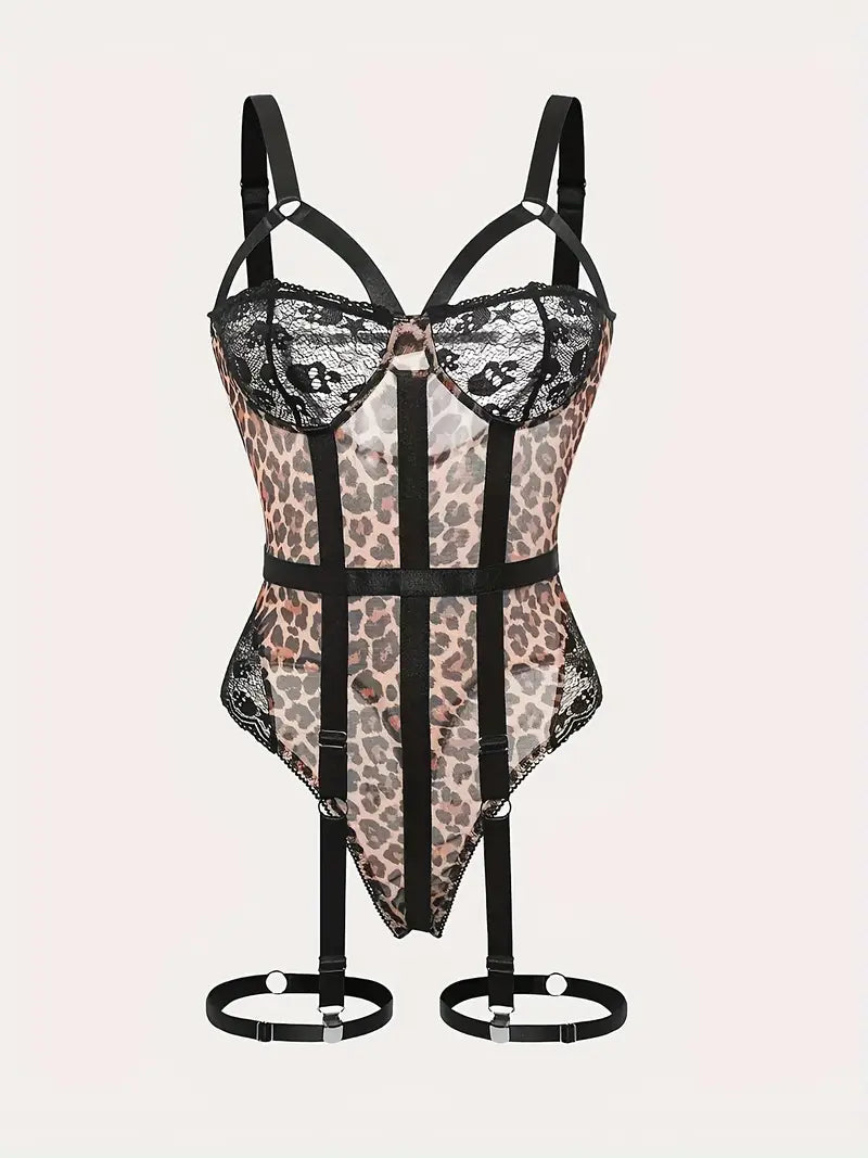 Wild Leopard – Luxuriöser, hochwertiger Body im Leopardenmuster mit Spitzendetails und Harness – | Sexy &amp; Erotisch