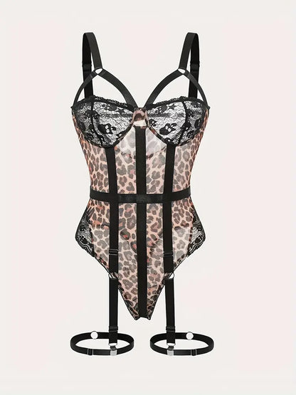 Wild Leopard – Luxuriöser, hochwertiger Body im Leopardenmuster mit Spitzendetails und Harness – | Sexy &amp; Erotisch