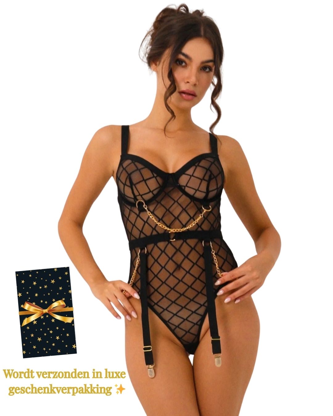 Midnight Allure – Luxuriöser, hochwertiger BDSM-Body mit Mesh- und Kettendetails | Sexy &amp; Erotisch