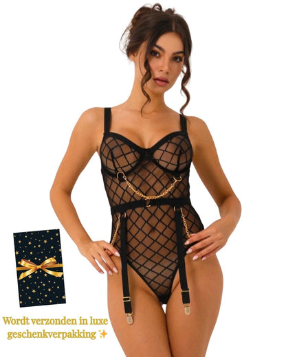 Midnight Allure – Luxuriöser, hochwertiger BDSM-Body mit Mesh- und Kettendetails | Sexy &amp; Erotisch