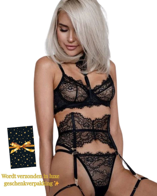 Zwarte kanten lingerieset dames met jarretels – Eternal Seduction | Sexy lingerie & erotische lingerie | Dare to Undress