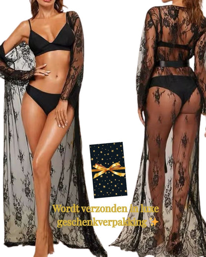 Dahlia Noir – Verführerischer Luxus-Spitzenkimono mit Bindegürtel | Boudoir-Look Sexy &amp; Erotisch