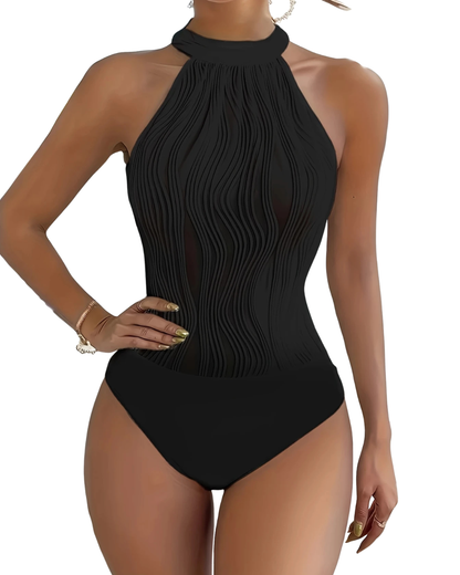 Black Waves – Luxuriöser High-Neck-Body mit wellenförmigem Strukturdesign | Lässig Sexy