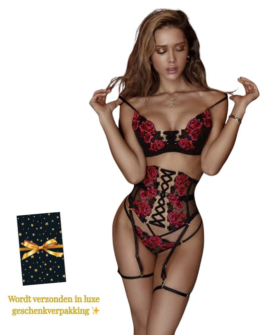 Zwart met rood kanten lingerieset dames met jarretels – Red Temptation | Sexy lingerie & erotische lingerie | Dare to Undress