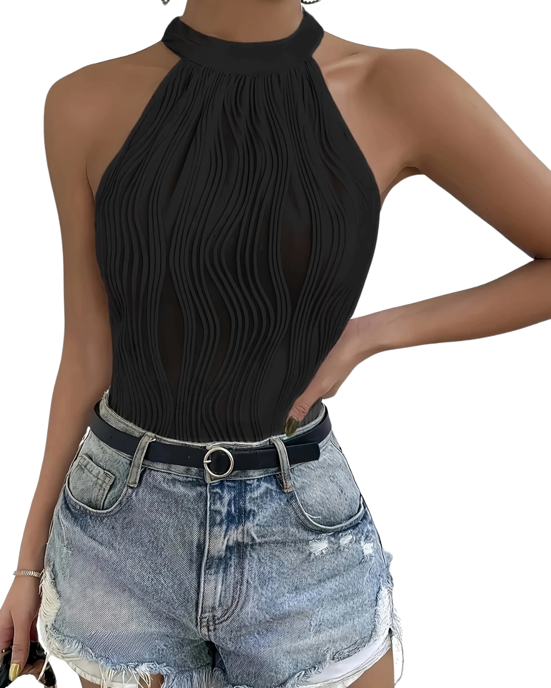 Black Waves – Luxuriöser High-Neck-Body mit wellenförmigem Strukturdesign | Lässig Sexy