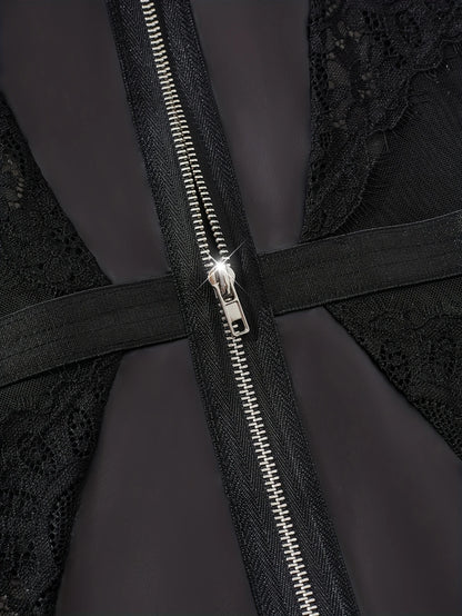 Zwarte kinky PU body met kant en ritsdetail – Velvet Heat – sexy & erotisch | Dare to Undress
